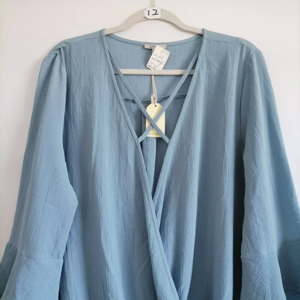 NWT Jodifl Womens Gray Bell Sleeve Surplice Neck Faux Wrap Blouse Top Size L - Picture 2 of 7